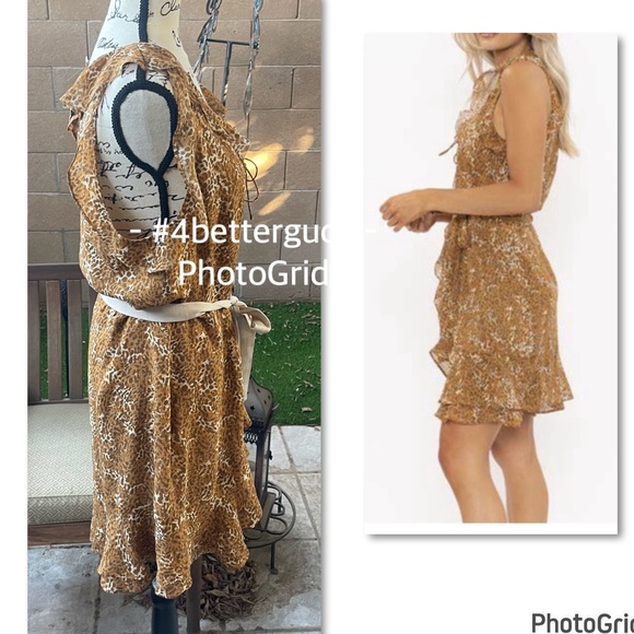 NEW Paige Tia Silk Belted Ruffle Leopard Animal Print Caramel Spice Mini Dress L - Picture 2 of 16